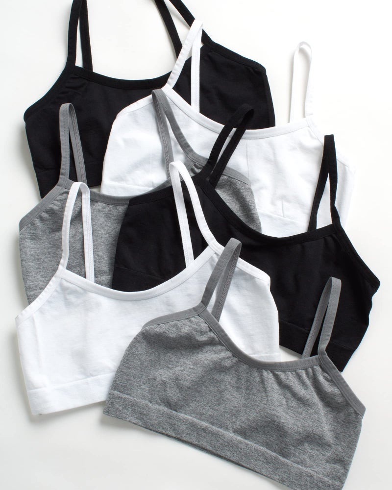 Rene Rofe Girls' Training Bra - 6 Pack 4-Way Stretch Spaghetti Strap Unpadded Bralette Starter Bras for Girls (7-14), Size 14, Black/White/Grey - Image 3